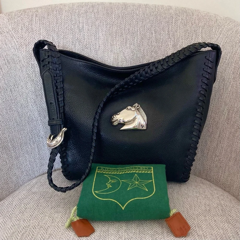 Kieselstein Cord Whipstitched Black Leather Hobo Bag Silver Horse